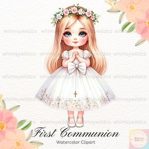Première communion fille avec des cliparts de couronne de fleurs, art numérique chrétien élégant pour des invitations et des travaux manuels, illustrations d'événements religieux