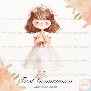 Clipart ragazza per la prima comunione con corona di fiori, elegante clip art cristiana, illustrazioni di eventi religiosi, simpatico personaggio della comunione, digitale