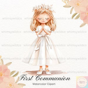 Elegante Clipart Niña Primera Comunión con Corona de Flores, Clip Art Cristiano para Eventos Religiosos, Ilustraciones de Comunión con Encanto