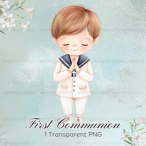 Elegante clipart de niño de primera comunión en acuarela - Tema de traje de marinero para invitaciones y manualidades, descarga instantánea, imágenes prediseñadas, acuarela