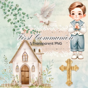 Clipart de primera comunión en acuarela para descarga instantánea: Celebración cristiana de alta resolución PNG, Ilustración digital para invitaciones, recuerdos