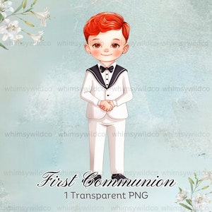 Clipart de niño de primera comunión en acuarela - Niño pelirrojo en traje de marinero, perfecto para invitaciones y manualidades, PNG transparente, descarga instantánea