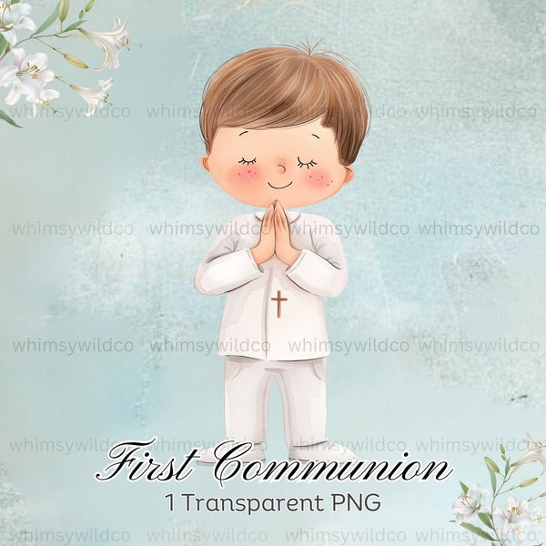 First Communion Boy Watercolor Clipart - Pristine Praying Child Graphic for Invitations & Crafts
