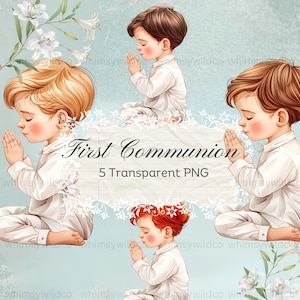 Clipart elegante para niños de primera comunión: ilustraciones de niños orando para celebraciones cristianas, gráficos digitales versátiles de alta calidad