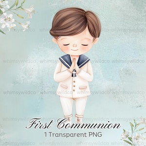 Acuarela Primera Comunión Niño Clipart, Tema Traje Marinero, Perfecto para Invitaciones y Recuerdos, Descarga Instantánea de Alta Resolución, Acuarela