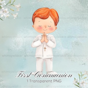 Élégant première communion garçon aquarelle Clipart - graphique enfant en prière de haute qualité pour l'artisanat chrétien