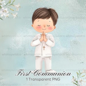 Clipart per ragazzo della prima comunione incontaminata: delicato bambino in preghiera ad acquerello per creazioni e celebrazioni cristiane