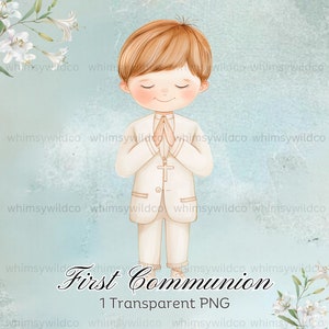 First Communion Boy Clipart: High-Quality Praying Boy Watercolor Graphic for Christian Celebrations & Crafting
