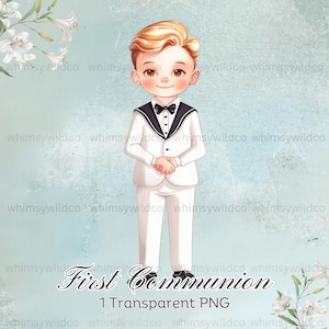 Clipart aquarelle haute résolution de première communion garçon en costume de marin - téléchargement immédiat pour travaux manuels chrétiens, téléchargement immédiat, aquarelle
