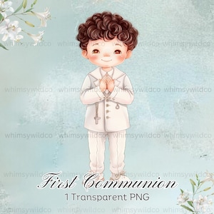 Clipart de niño encantador de primera comunión: niño rizado de cabello castaño oscuro en oración, ideal para invitaciones, tarjetas de felicitación y más