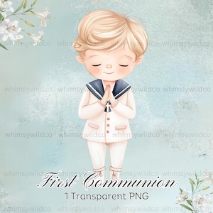 Acuarela Primera Comunión Niño Clipart, Tema Traje Marinero, Descarga Instantánea, Alta Resolución, Artesanías de celebración cristiana, Acuarela