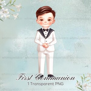 Encantadora acuarela primera comunión niño clipart, traje de marinero inspirado, descarga instantánea para invitaciones y recuerdos, PNG transparente