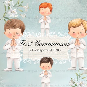 Elegante Erstkommunion Jungen Clipart: Hochauflösende betende Jungen Illustrationen für christliche Feste, sofortiger digitaler Download, PNG