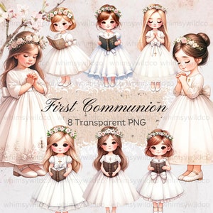 Affascinante set di clipart per ragazze della prima comunione: Ragazza in preghiera con corone di fiori, illustrazioni digitali per celebrazioni spirituali