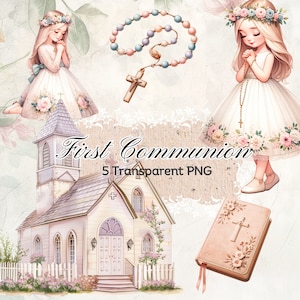 Elegantes Aquarell-Clipart-Set zur ersten Kommunion - Mädchen christliche PNG-Illustrationen, ideal für Einladungen & religiöses Dekor, niedlicher Charakter