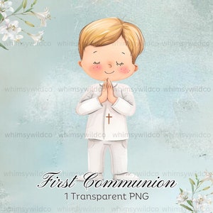 Clipart aquarelle garçon première communion premium - graphique enfant priant divin pour de l'artisanat chrétien élégant, PNG transparent, art numérique