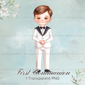 Mejora tus proyectos de primera comunión con nuestro elegante clipart de niño en acuarela con traje de marinero: perfecto para invitaciones y descarga digital