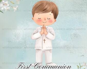 May include: A digital illustration of a young boy in a white communion outfit with his hands clasped in prayer. He has brown hair and closed eyes. The background is a light blue watercolor wash with white flowers.