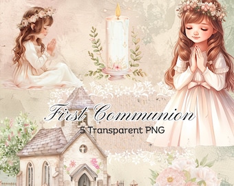Elegant Watercolor First Communion Clipart for Girls, Christian Event Digital Illustrations Set, Cute Communion Character, Digital clipart