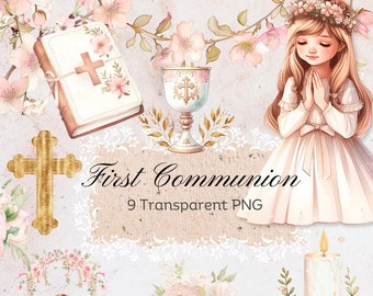 Elegant First Communion Clipart for Girls: Floral Bible, Cross, Candle & More - Perfect Christian Religious Event Digital Illustrations