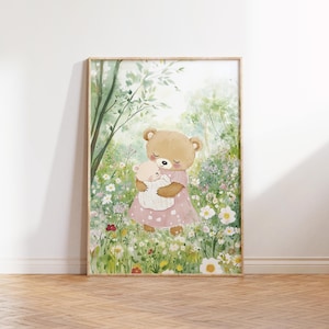 Lámina mamá osa con su bebé en el bosque ilustración acuarela, arte de pared infantil vintage, póster imprimible, decoración habitación bebé