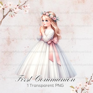Elegante prima comunione ragazza clipart con corona di fiori - arte digitale per inviti religiosi e artigianato, clipart digitale stampabile
