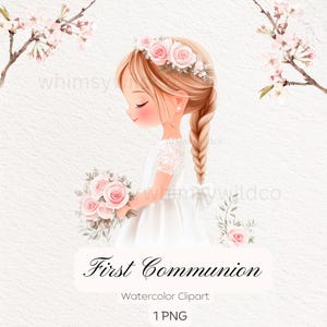 Clipart di bambina della prima comunione con corona di fiori rosa, ideale per inviti religiosi, arte digitale stampabile per progetti artigianali, decorativi e fai da te
