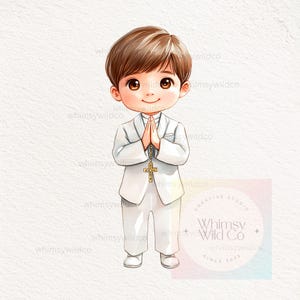 Clipart de Niño de Primera Comunión con Rosario en Acuarela PNG, Arte Digital para Invitaciones Religiosas y Recuerdos Personalizados