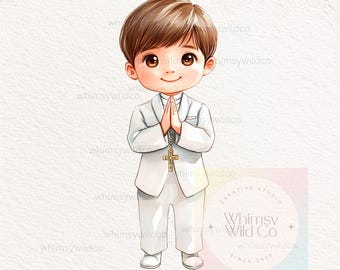 May include: A watercolor illustration of a young boy in a white suit with a cross necklace, praying with his hands clasped together. The illustration is set against a white background with a watermark of the artist's name and logo.