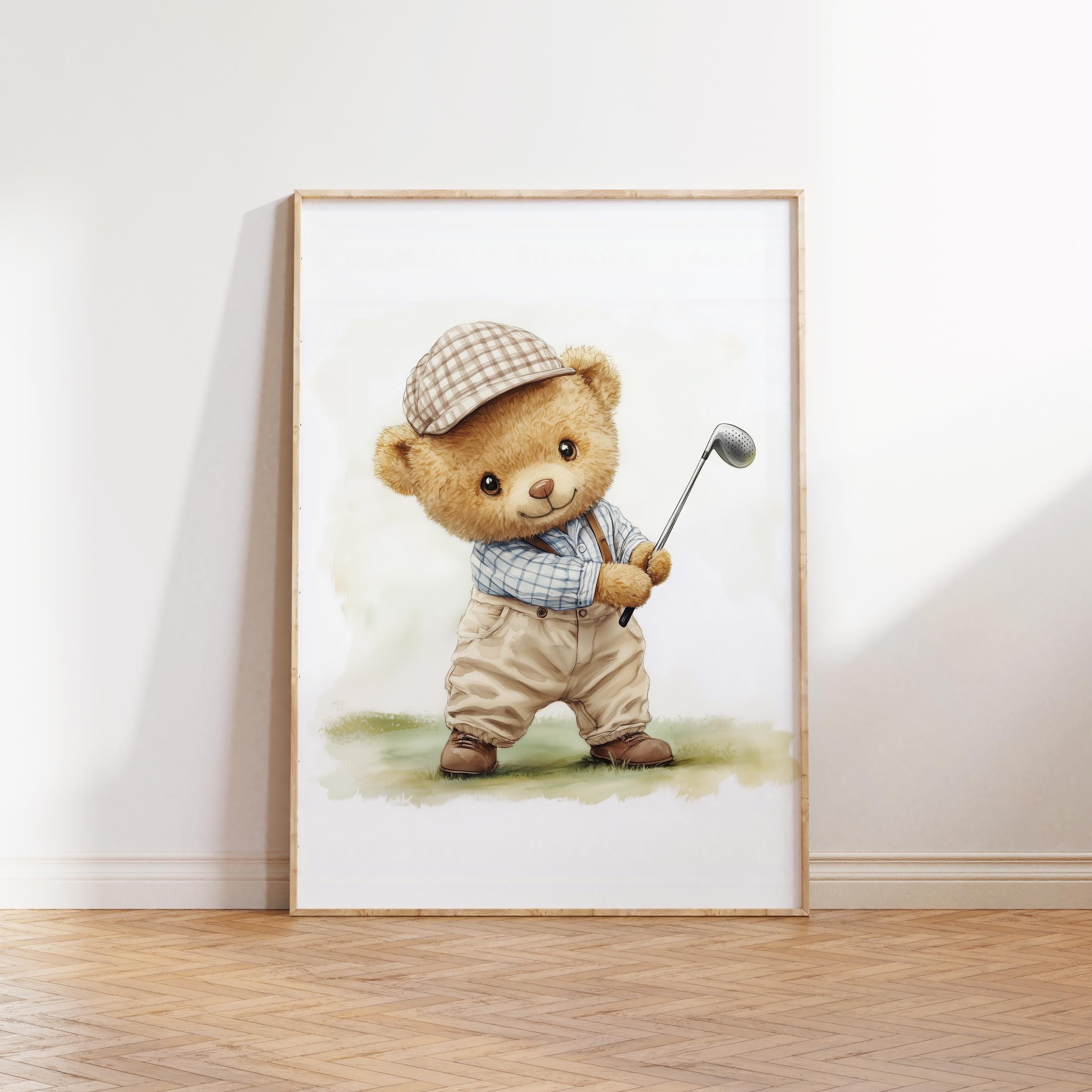Osito de peluche jugando golf ilustración vintage, arte de pared infantil acuarela, decoración habitación niños, descarga digital, golfista