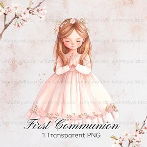 Primera Comunión Espiritual Niña Orando Clipart - Acuarela Digital PNG, Ideal para Invitaciones y Manualidades, Descargable Al Instante, Transparente