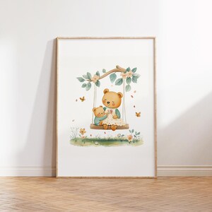 Mamá osa y bebé oso en columpio ilustración acuarela, póster imprimible vintage, arte infantil tierno, decoración infantil, descarga digital