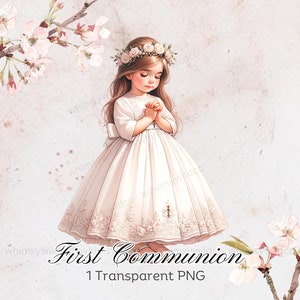 Clipart de niña de primera comunión con corona de flores, elegante clip art cristiano, ilustraciones de eventos religiosos, lindo personaje de comunión