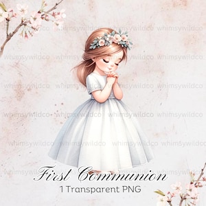 Erstkommunion Mädchen Clipart mit Blumenkrone - Ideal für Einladungen, Kunsthandwerk und christliche Kunst, hochwertige transparente PNG Digital