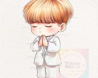 May include: A cartoon illustration of a young boy in a white suit with a cross necklace, praying with his hands clasped together. The boy has blonde hair and closed eyes. The illustration is in a cartoon style with soft colors and a whimsical feel.