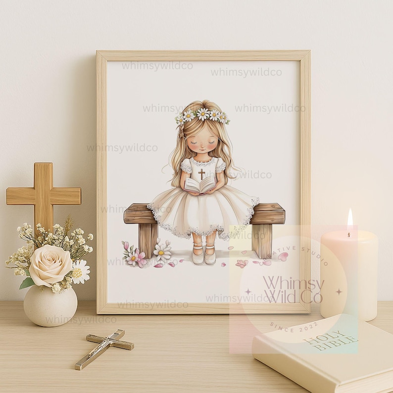 May include: A watercolor illustration of a young girl wearing a white dress and a flower crown, sitting on a wooden bench and reading a book. The girl is holding a book with a cross on the cover. The illustration is surrounded by a white frame and has the text "Whimsy Wild Co" at the bottom.