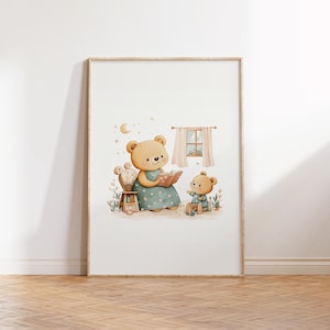 Mamá osa leyendo un cuento ilustración acuarela, póster imprimible vintage, arte infantil, decoración habitación bebé, descarga digital