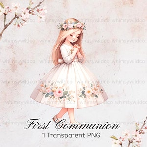 Primera Comunión Orando Niña Clipart, PNG Digital de Alta Calidad, Ideal para Invitaciones y Manualidades, Arte Transparente en Acuarela, Arte Católico