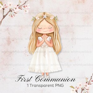 Clipart de niña de primera comunión con corona de flores para invitaciones, manualidades y eventos cristianos, PNG de alta calidad, PNG transparente, arte católico
