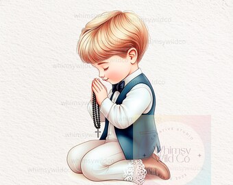 May include: A young boy with blond hair is kneeling in prayer. He is wearing a white shirt, a blue vest, and a black bow tie. He is holding a rosary in his hands. The image is a digital illustration.