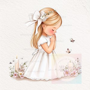 Op de afbeelding: Een aquarel-illustratie van een jong meisje in een witte jurk met een witte strik in haar haar, dat bidt met haar handen gevouwen. Ze is omringd door bloemen en vlinders. De tekst "Creative Studio Whinsy Wildco Since 2021" staat in de rechterbenedenhoek van de afbeelding.