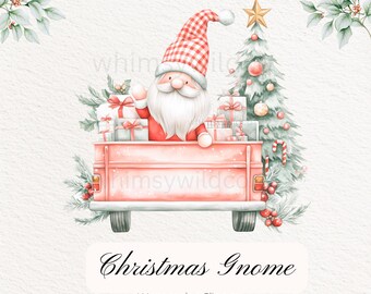 May include: A watercolor illustration of a Christmas gnome driving a red truck full of presents. The gnome is wearing a red and white hat and has a white beard. The truck is decorated with holly and berries. The gnome is driving towards a Christmas tree decorated with ornaments and candy canes.