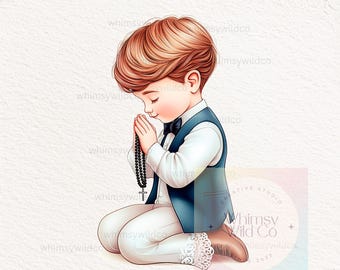 May include: A young boy in a white shirt and blue vest is kneeling with his hands clasped in prayer. He is wearing a black bow tie and holding a black rosary with a silver cross.
