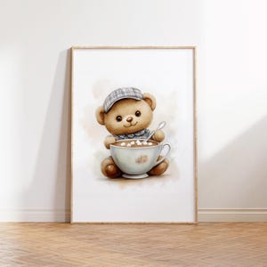 Osito de peluche con taza de chocolate caliente y marshmallows ilustración acuarela, póster imprimible, arte infantil, decoración bebé