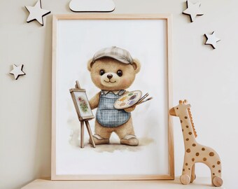 Osito de peluche pintando ilustración vintage, arte de pared infantil acuarela, decoración habitación niños, descarga digital imprimible