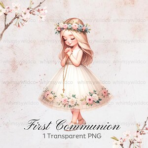 Élégante première communion priant - Aquarelle numérique PNG pour faire-parts, travaux manuels et célébrations catholiques, aquarelle de haute qualité