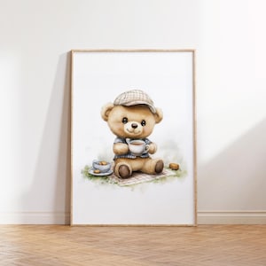 Osito de peluche tomando té ilustración acuarela, póster imprimible vintage, lámina infantil, decoración habitación bebé, descarga digital