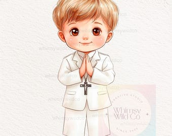 May include: A digital illustration of a young boy in a white suit and a black cross necklace, with his hands clasped in prayer. The illustration is set against a white background with a watermark of the company name "Whimsy Wild Co" in the lower right corner.