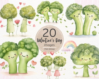 May include: 20 watercolor illustrations of broccoli with cute faces and hearts. The broccoli are in various poses, including holding hands, giving flowers, and smiling. The illustrations are perfect for Valentine's Day crafts and projects.