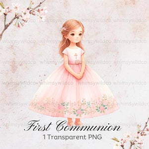 Élégante première communion priant fille Clipart - PNG aquarelle numérique de haute qualité pour cartes d'invitation et travaux manuels, téléchargement immédiat